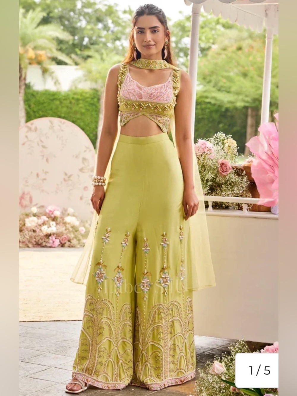 Mishuuu Lime Green Handcrafted Palazzo Set with Statement Crop Top